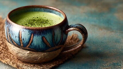 A vibrant matcha latte in a rustic blue and brown ceramic mug rests on a burlap coaster.