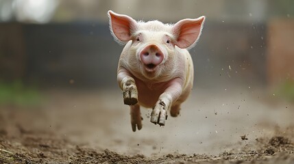 Playful pig in motion jumping through the mud