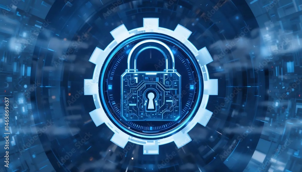 Poster digital padlock securing network with circuitry and cogwheel