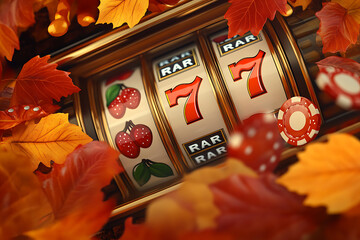 Vibrant autumn-themed slot machine surrounded by colorful leaves and gaming elements