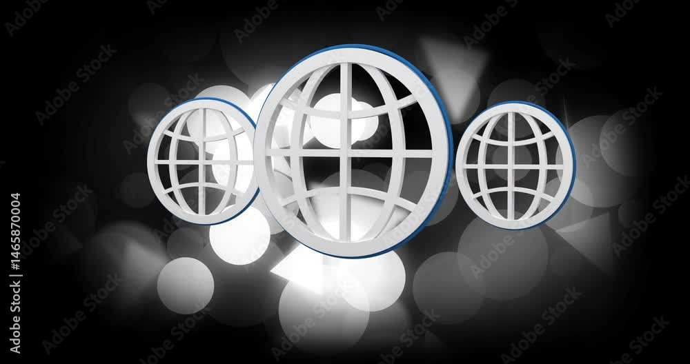 Poster three white 3d globe icons outlined in blue floating in animated illustration with soft-focus bokeh