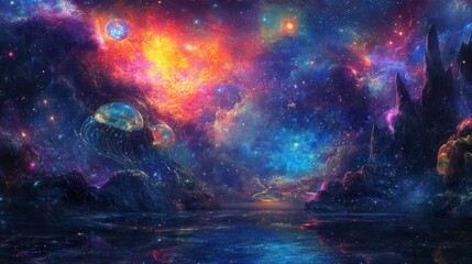 Obraz premium Cosmic Seascape: A Celestial Ballet of Nebulae and Jellyfish