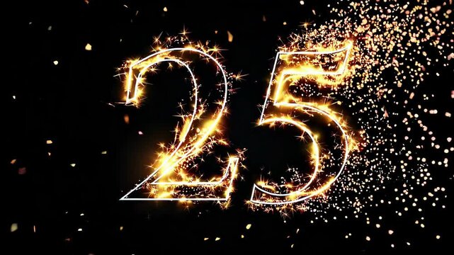 Magical golden sparks 25 on a black background, symbolizing time age and joy. - Powered by Adobe