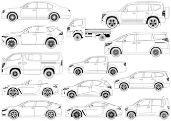 色々なボディタイプの自動車サイドビューモノクロイラストのセット