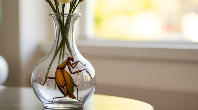 A vase with a picture of a praying mantissa on it