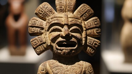 Obraz premium Detailed wooden figurine, ancient carved face, intricate details.