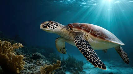 Fototapeta premium Mature sea turtle swimming near reef edge, sunlight rays filtering through water with natural gradient
