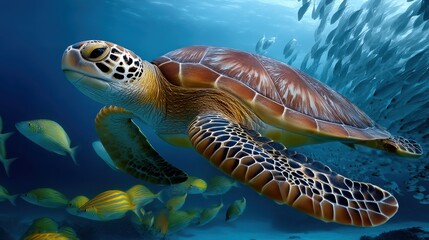 Obraz premium Sea turtle floating with school of fish, distant capture shows harmony of marine life