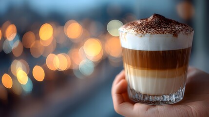 A delicious layered latte macchiato in a clear glass is held in a hand against a blurred city night background.