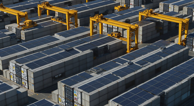 Aerial view of shipping containers topped with solar panels and yellow gantry cranes above them - Powered by Adobe