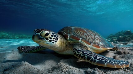 Fototapeta premium Sea turtle resting on sandy ocean floor, calm and peaceful moment framed with distant telephoto focus