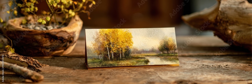 Poster autumn postcard resting on wooden surface surrounded by natural decor and soft lighting for a cozy a