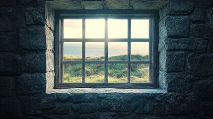 Obraz premium A stone wall enclosure with a window showing a grassy landscape.