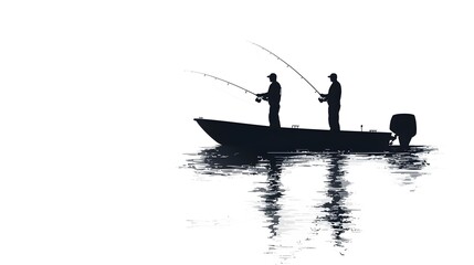 Naklejka premium Silhouetted men fishing from a boat on a tranquil lake