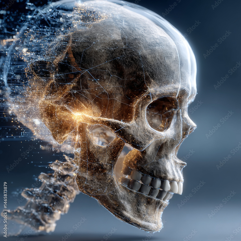 Poster digital rendering of human skull in cross section view, showcasing intricate details and glowing ele