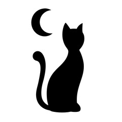 Silhouette of a sleek black cat with the moon in the night sky
