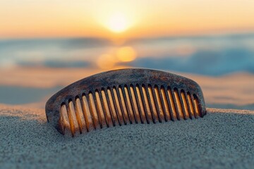 Wooden comb partially buried in sand at sunset, bathed in golden light.