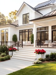 Modern farmhouse with white exterior, black windows, and a spacious porch.  Steps lead to a deck with outdoor seating