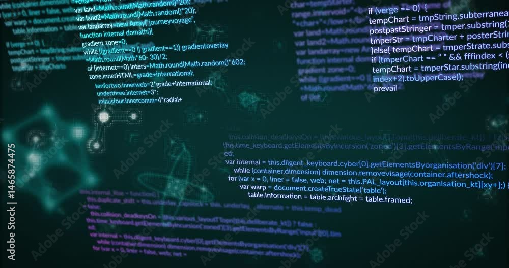 Poster javascript code snippets floating over dark teal scene, showing network nodes and atomic orbits
