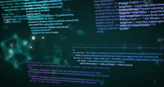 JavaScript code snippets floating over dark teal scene, showing network nodes and atomic orbits