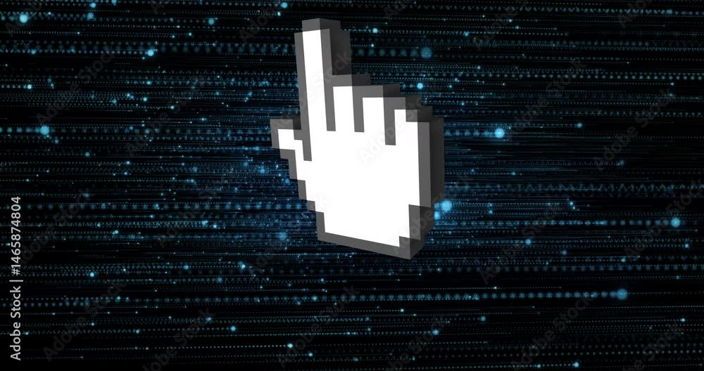 Poster pixelated white hand cursor floating upward in virtual code stream, showcasing 3d render design