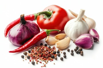 Assortment of fresh vegetables and spices on white background