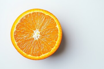 Close up of a sliced orange on a white background showing the juicy segments