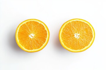 Fototapeta premium Two orange halves on a white surface show vibrant color and juicy texture