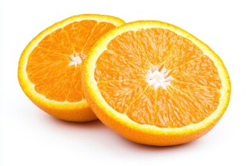 Fototapeta premium Halved oranges showing juicy interior on white background, studio shot