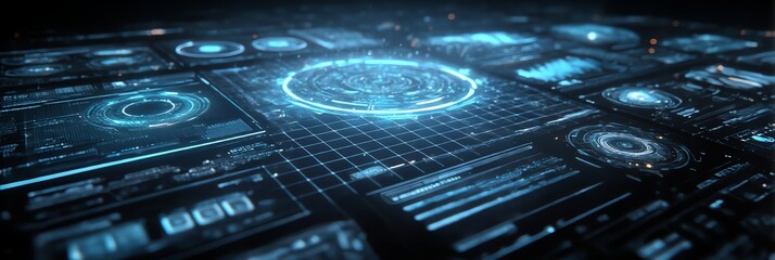 A glowing blue holographic UI dashboard with futuristic design elements, perfect for your sci-fi and technology-themed projects. A sleek and modern digital interface concept.