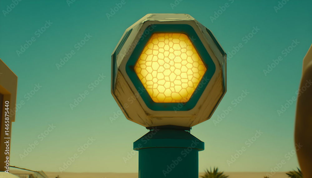 Poster futuristic hexagonal light fixture on a teal post against a clear desert sky. a captivating image fo