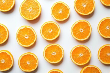 Orange slices arranged in a pattern on a white surface, creating a fresh and vibrant backdrop