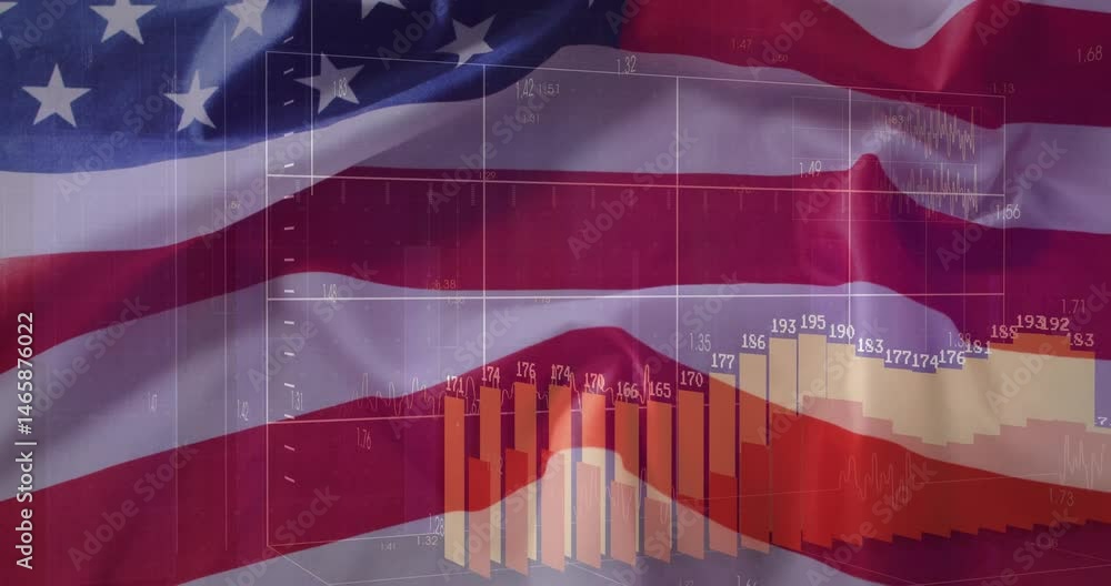 Poster american flag flowing across frame overlaying rising 3d bar charts and numeric line traces