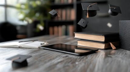 Floating graduation caps hover above stacked books and a tablet on a wooden desk in a cozy study. Sunlight filters through a window, enhancing the atmosphere of accomplishment and learning