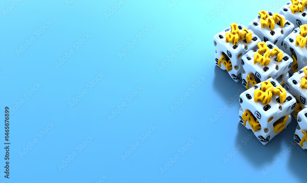 Poster abstract 3d rendering of white cubes with yellow designs on a light blue background. perfect for mod
