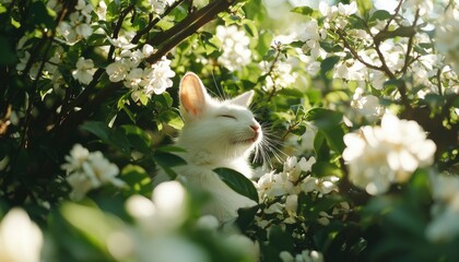 White cat amidst spring blossoms
