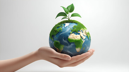 Sustainable Earth in Hand – 3D Eco-Friendly Concept with Growing Plant on White Background, No 174