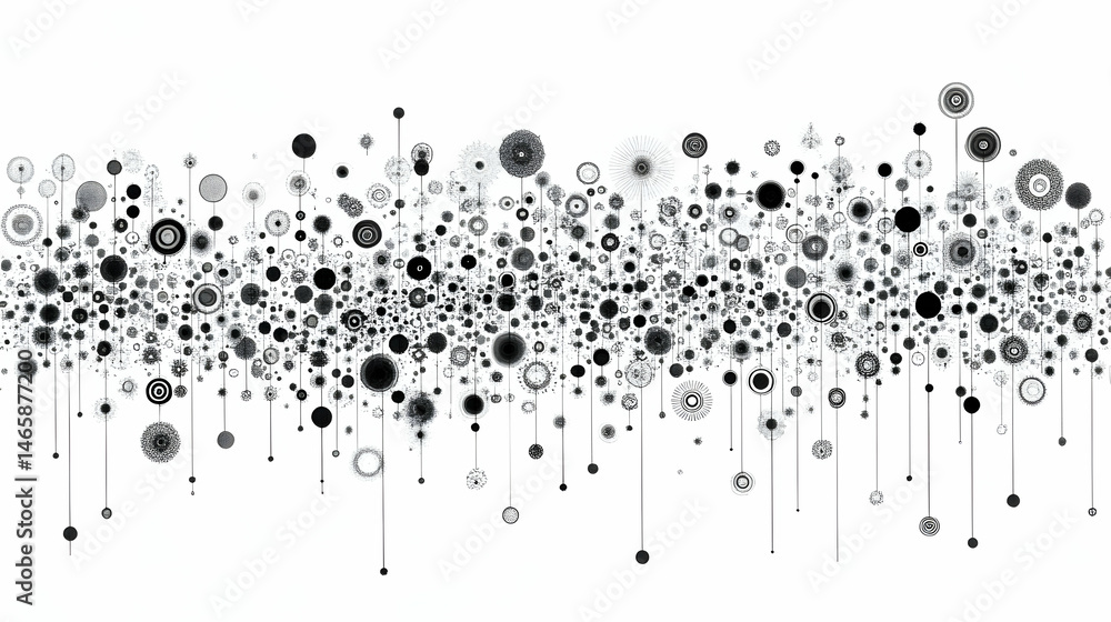 Poster abstract grayscale artwork featuring numerous varying sized circles on thin lines, resembling a fiel