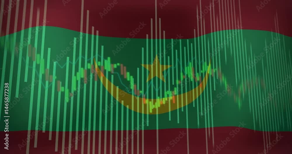Poster digital illustration merging mauritania flag with animated candlesticks, volume bars and line graph