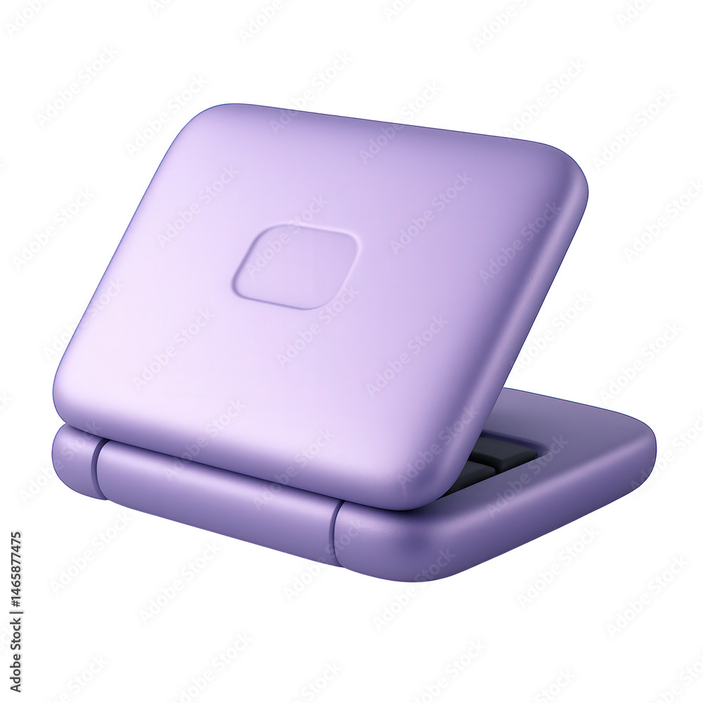 Poster digital render of a soft lavender foldable gadget, slightly ajar, featuring a curved form and subtle