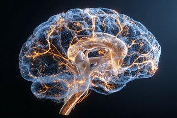 Digital human brain with electrical activity, detailed 3D render on dark background
