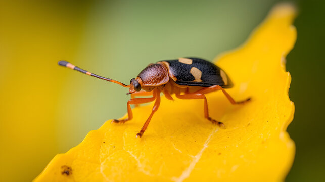 Close-up shot of a firebug on a yellow leaf