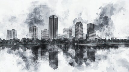 Fototapeta premium Cityscape Reflection: A Monochromatic Watercolor City Skyline
