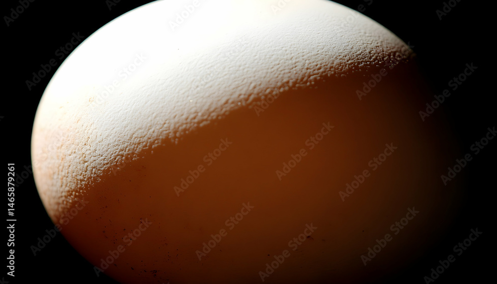 Poster Close-up of a single chicken egg, highlighting its textured shell and subtle color variations.  The egg is dramatically lit against a black background.