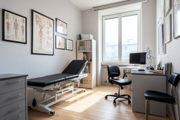Gray examination room interior with medical bed, desk, chair and anatomy art