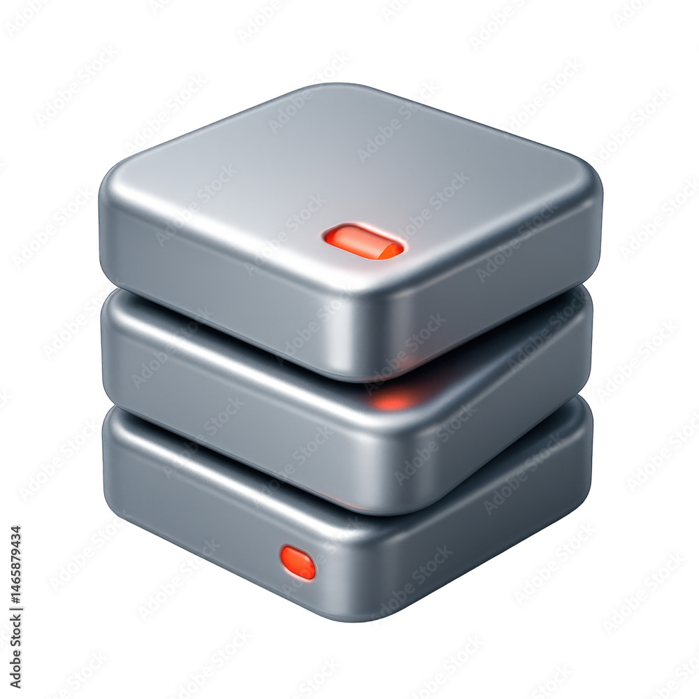 Poster a professional 3d render illustrating a sleek, stacked metallic data storage system with active indi