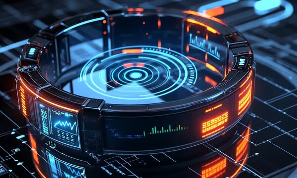 Futuristic holographic device displaying data metrics on a digital interface in a tech environment