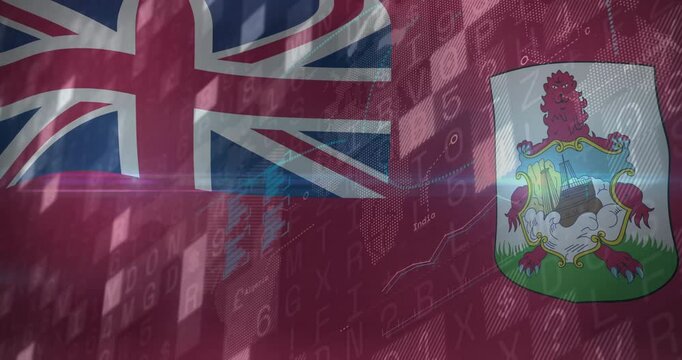 Flag of Bermuda waving under binary digits with light flares and dotted world map lines