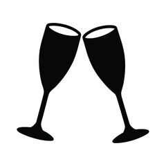 Silhouette of two champagne flutes clinking together for celebration or toasting