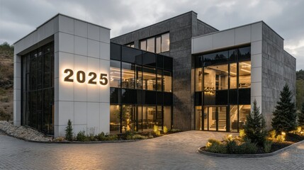 Obraz premium Modern Office Building with Illuminated Year 2025 Glass Facade and Landscaped Entrance